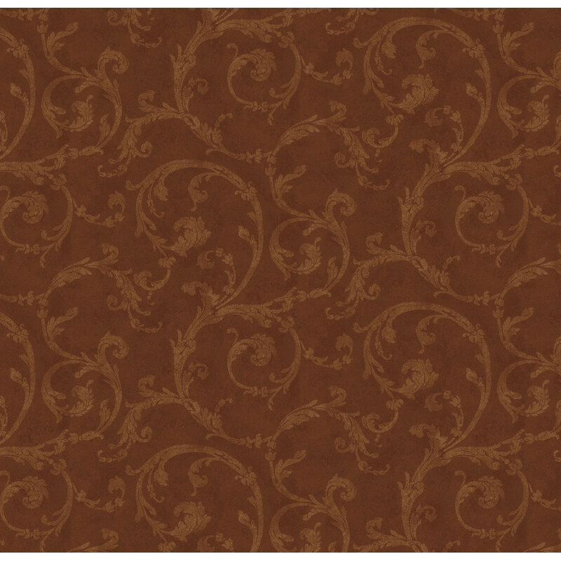 Mottled chocolate brown fabric with intricate, tonal brown leafy scrolls.