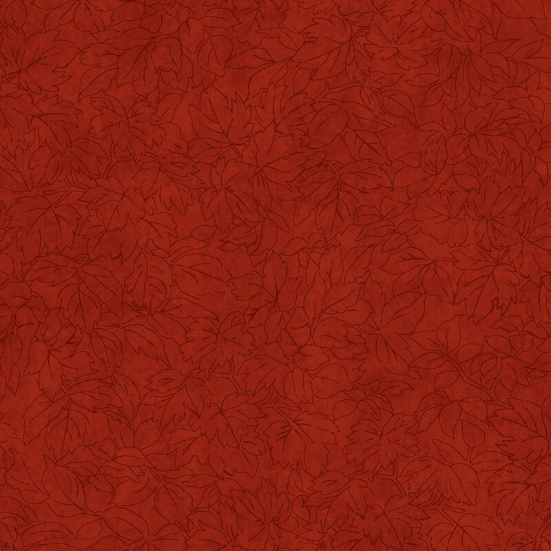 Maroon mottled fabric with a packed design of dark red-lined leaves and vines.