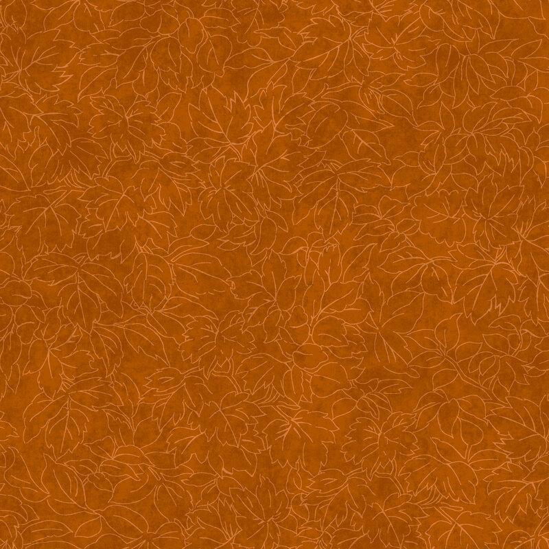 Rusty orange mottled fabric with a packed design of orange-lined leaves and vines.