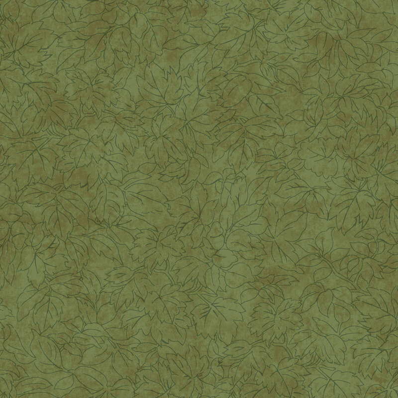 Deep sage mottled fabric with a packed design of pine green-lined leaves and vines.