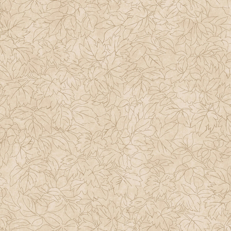 Light tan mottled fabric with a packed design of tan-lined leaves and vines.