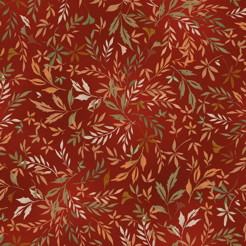 Barn red mottled fabric with a scattered design of green and orange leaves and vines.