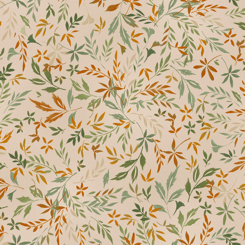 Light tan mottled fabric with a scattered design of green and burnt orange leaves and vines.