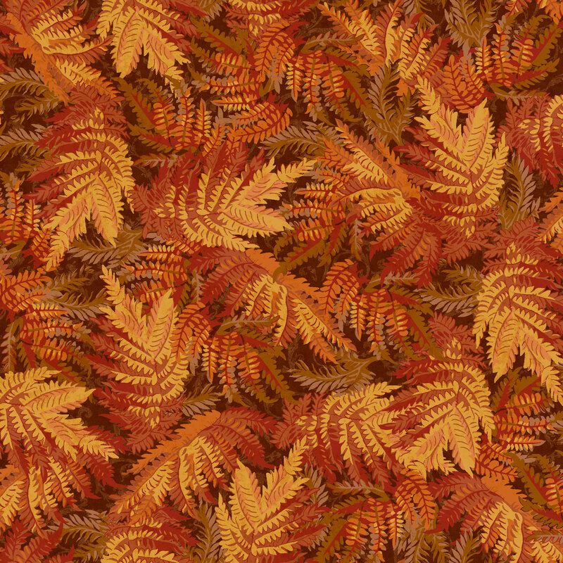 Mottled burnt sienna fabric with a packed design of orange, rust, and olive brown leaves and sprigs.