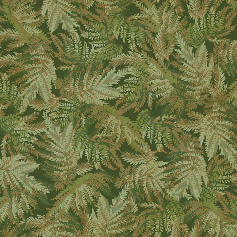 Forest green fabric with a packed design of sage green and olive brown leaves and sprigs.