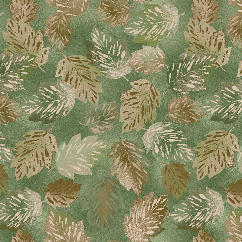 Mottled dark sage fabric with a tossed pattern of green and light tan colored leaves.