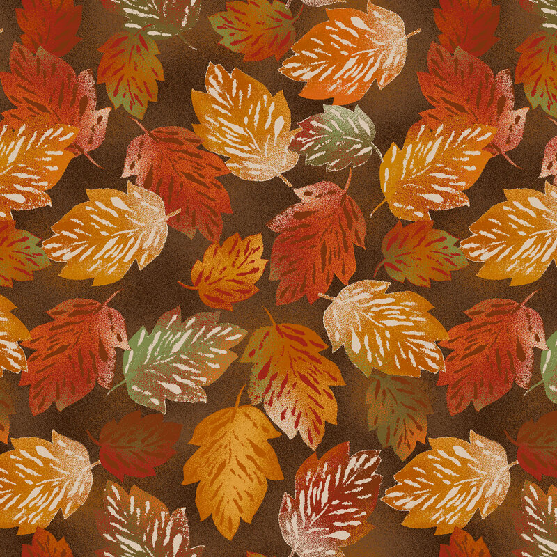 Mottled dark brown fabric with a tossed pattern of autumnal colored leaves.