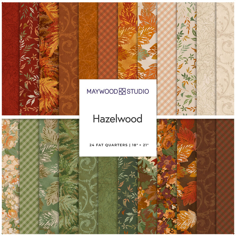 Digital collage of the Fat Quarter Bundle from the Hazelwood fabric collection.