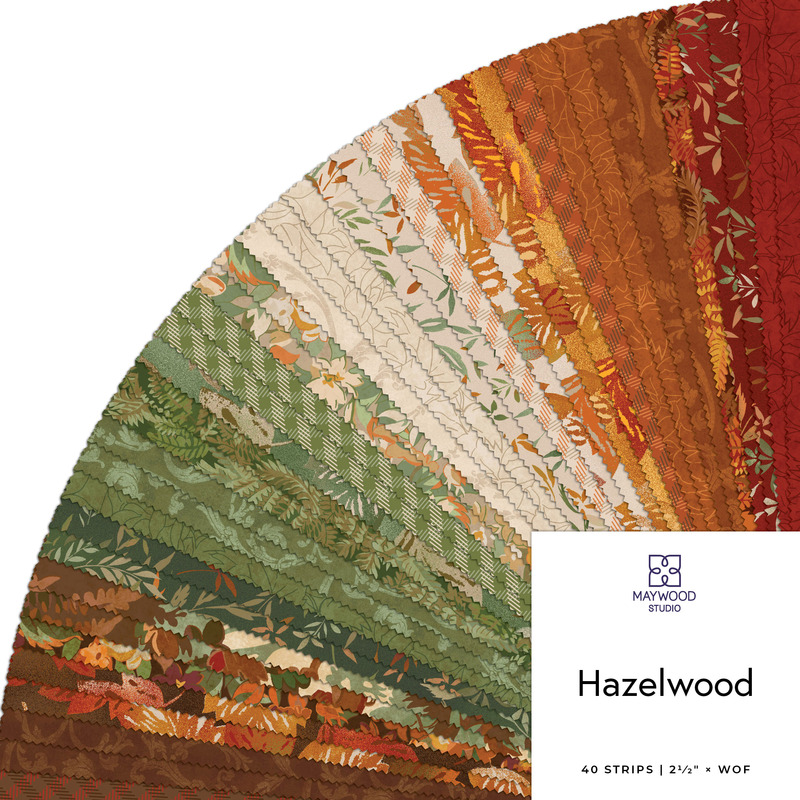 Digital collage of the 2.5" Strip Roll Bundle from the Hazelwood fabric collection.