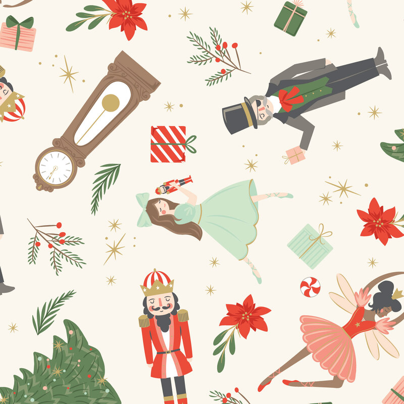 A cream fabric with tossed nutcrackers and ballerinas with Christmas décor.