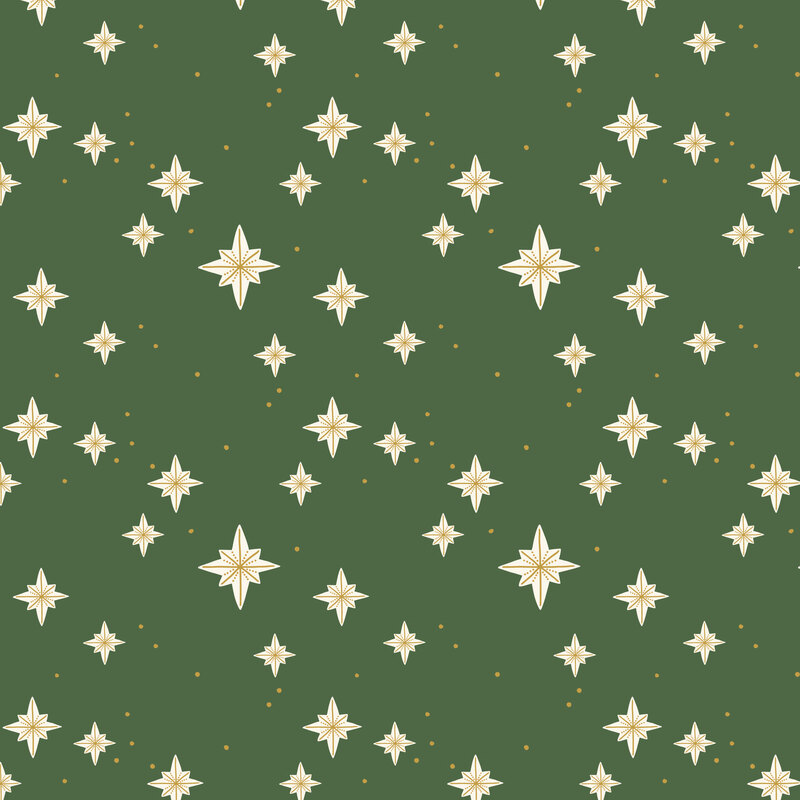 An evergreen fabric with scattered gold starbursts.