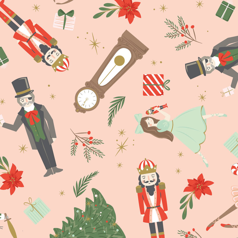 A peach fabric with tossed nutcrackers and ballerinas with Christmas décor.