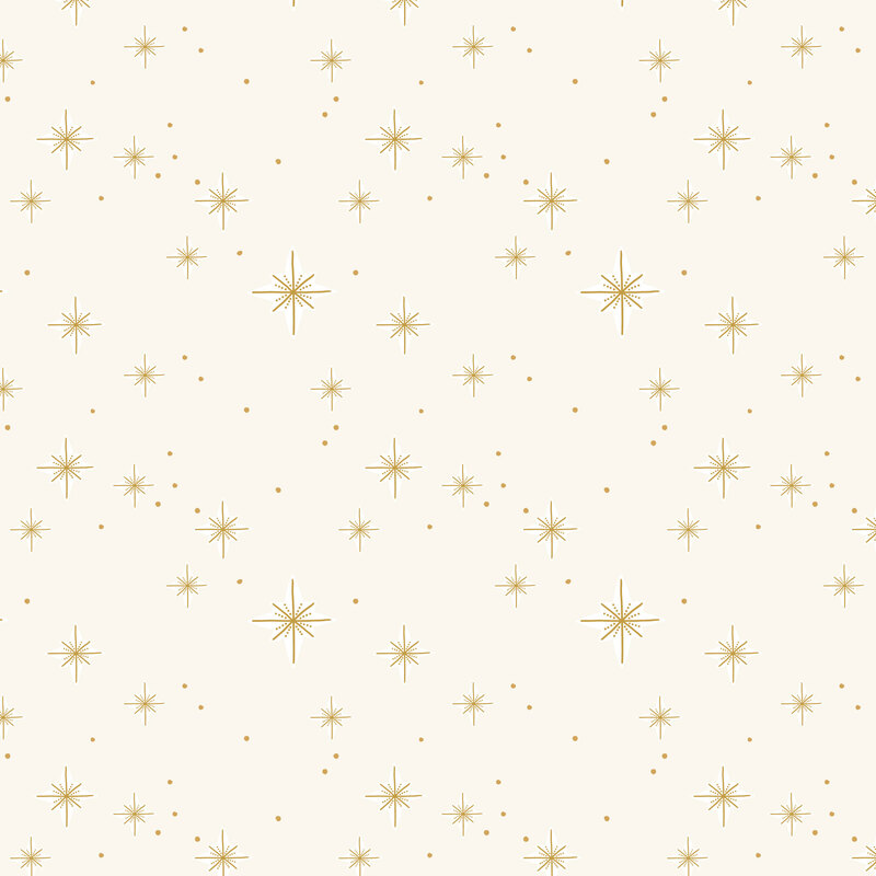 A cream fabric with scattered gold starbursts.
