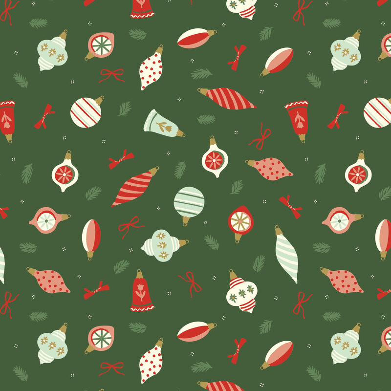 An evergreen fabric with scattered ornaments, bows, ribbons, and leafy sprigs.