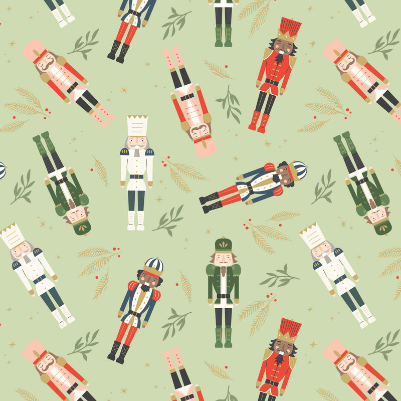A celery green fabric with scattered nutcrackers and leafy sprigs.