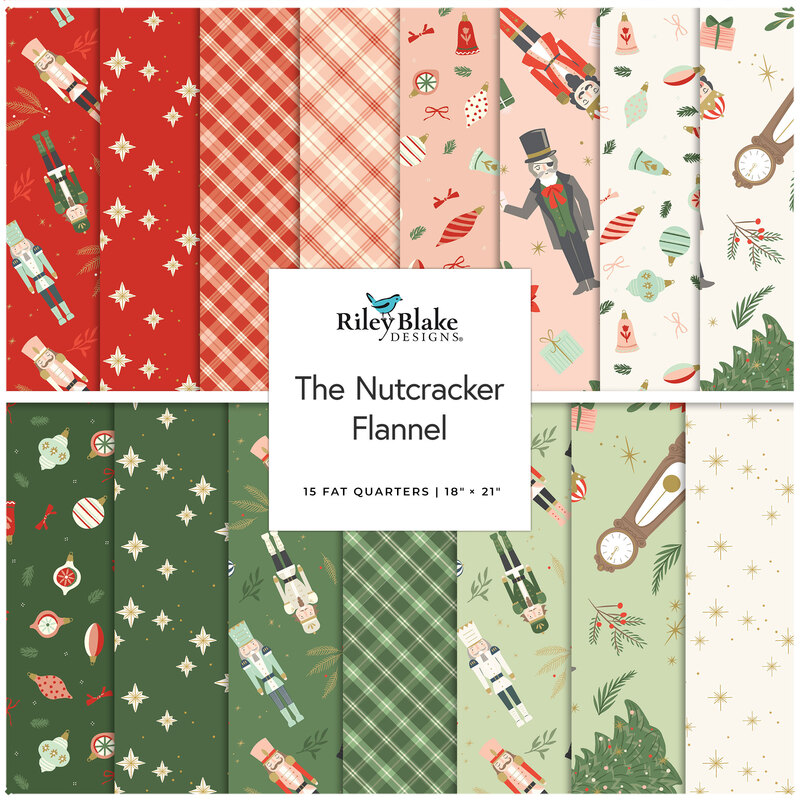 A collage of fabrics featured in The Nutcracker Flannel Fat Quarter Bundle by My Mind's Eye for Riley Blake Designs.