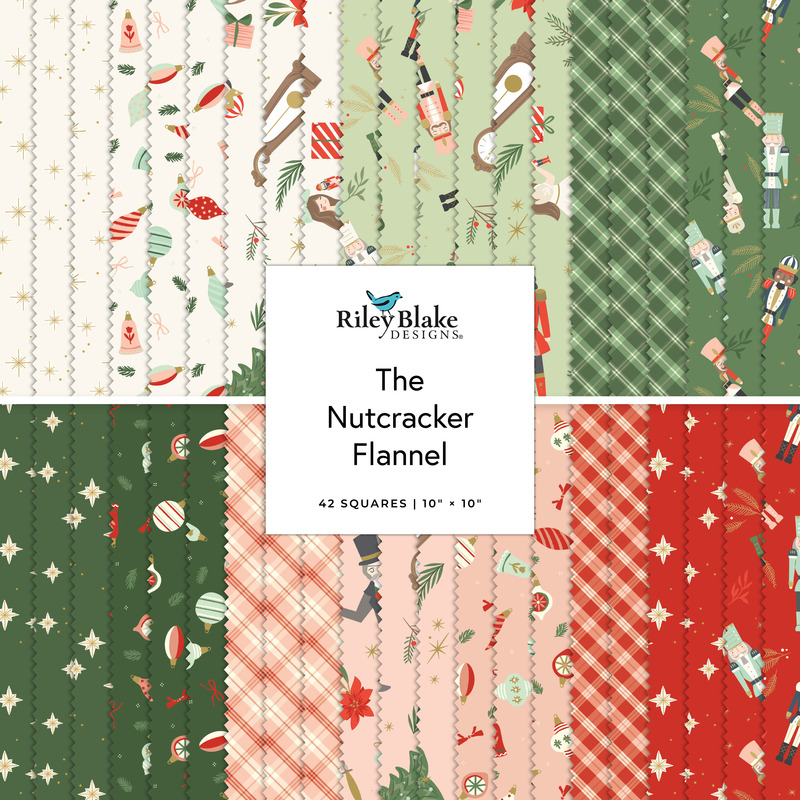 A collage of fabrics featured in The Nutcracker Flannel layer cake by My Mind's Eye for Riley Blake Designs.
