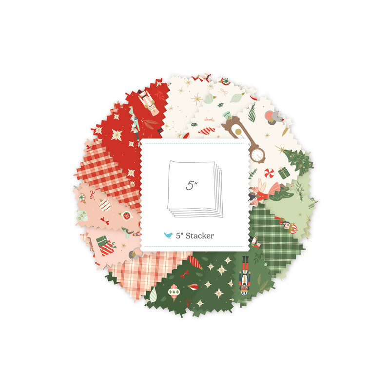 A collage of fabrics featured in The Nutcracker Flannel charm pack by My Mind's Eye for Riley Blake Designs