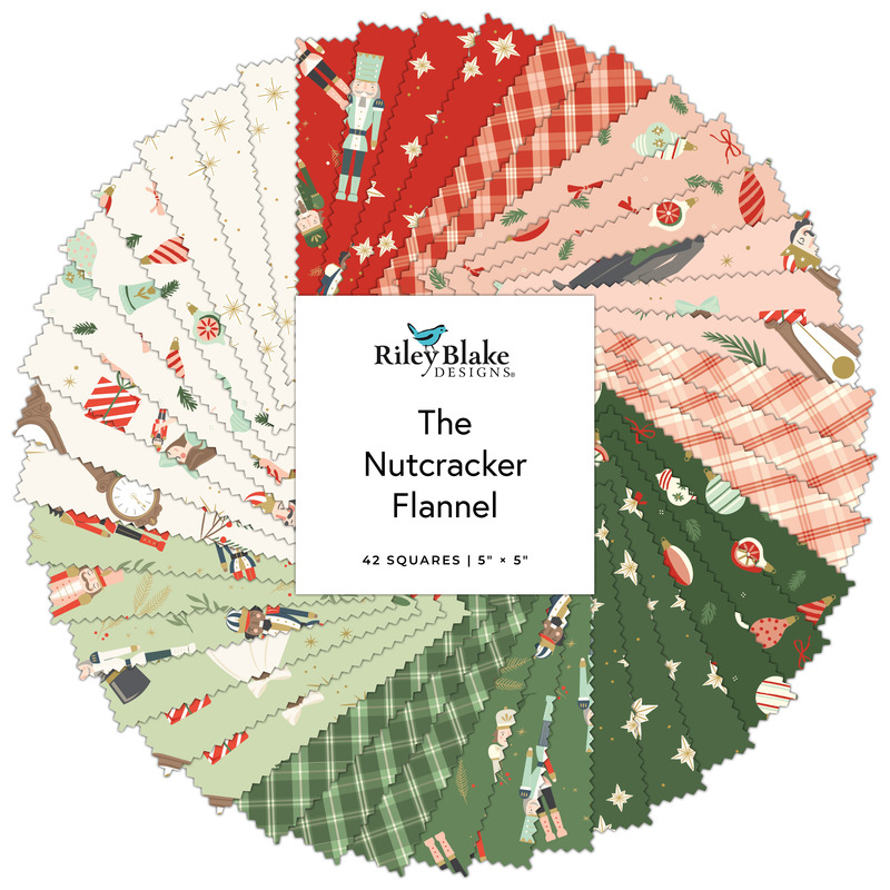 A collage of fabrics featured in The Nutcracker Flannel charm pack by My Mind's Eye for Riley Blake Designs.