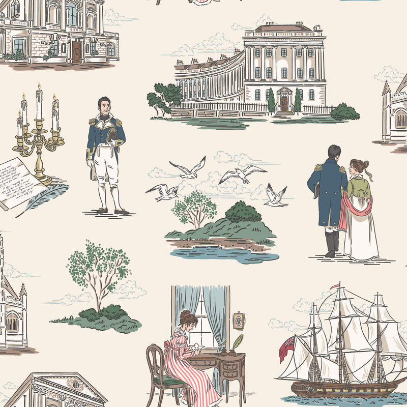 cream fabric featuring regency-era scenes like grand estates, a British ship, Jane Austen, and Mr. Darcy