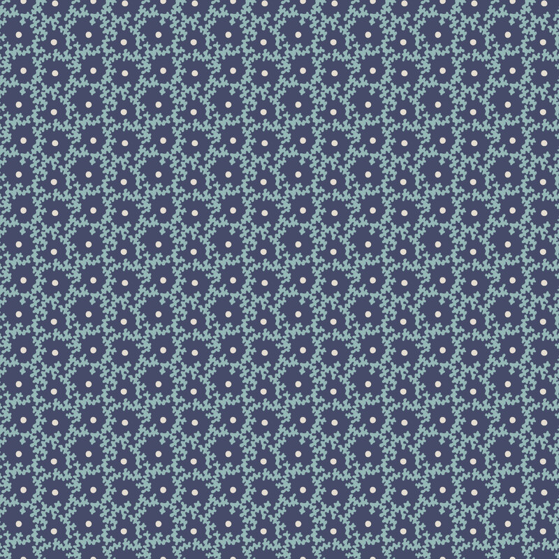 teal wavy lattice design with white dots on a navy blue background.