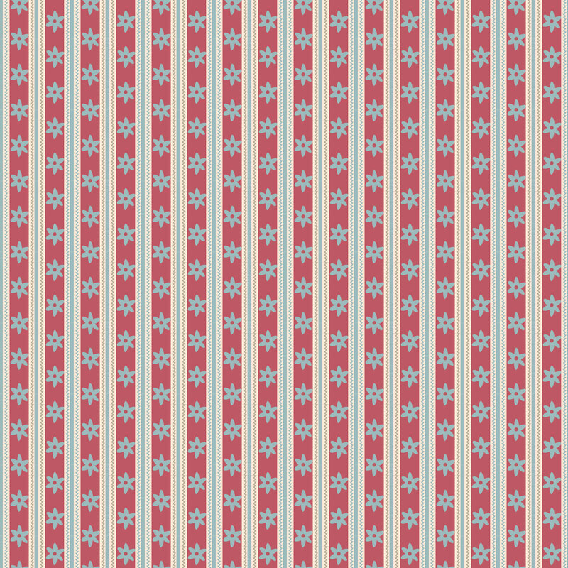 dusty red and cream vertical stripe pattern featuring light blue flowers, and zig zag motifs.