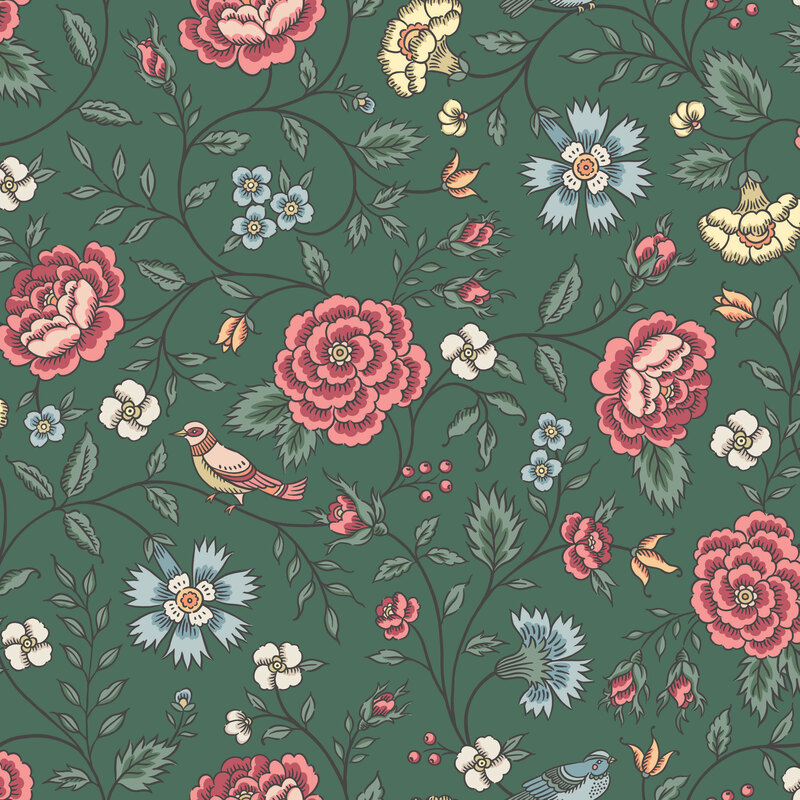 muted forest green fabric featuring Jacobean florals and trailing vines with small birds.