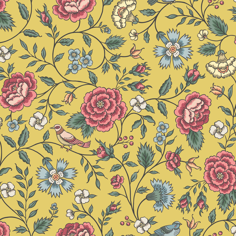 daffodil yellow fabric featuring Jacobean florals and trailing vines with small birds.