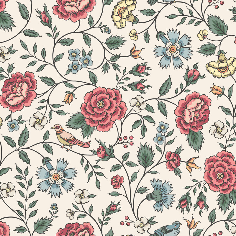 cream fabric featuring Jacobean florals and trailing vines with small birds.