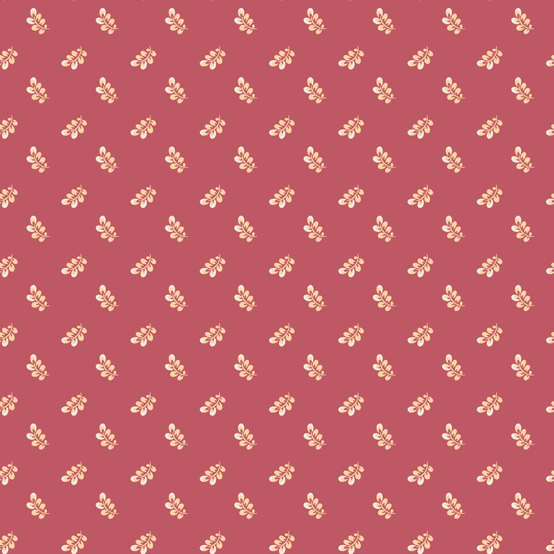 cream leafy sprigs evenly scattered across a dark rose background.