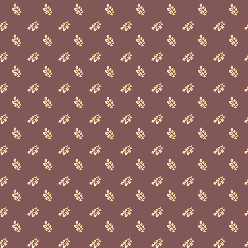 cream leafy sprigs evenly scattered across a purple brown background.