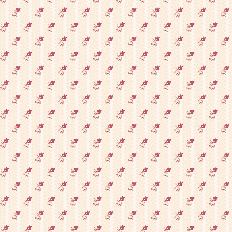 soft ivory fabric featuring nude geometric-style stripes accented with a dusty red rose sprig overlay