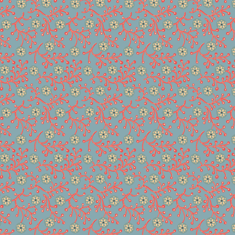 stylized coral red curling vines dotted with delicate cream accents, interspersed with petite floral medallions.