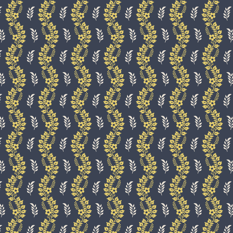 wavy yellow vine stripes alternating with rows of white leaf sprigs on a midnight blue background.