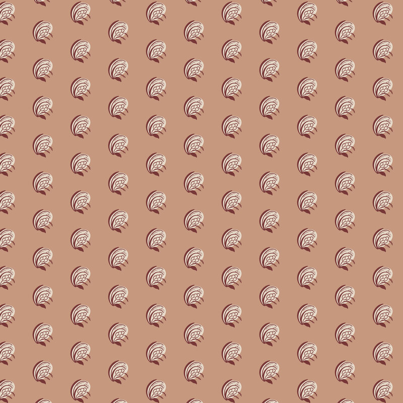 stylized cream and burgundy paisley motifs neatly scattered across a cafe au lait background.