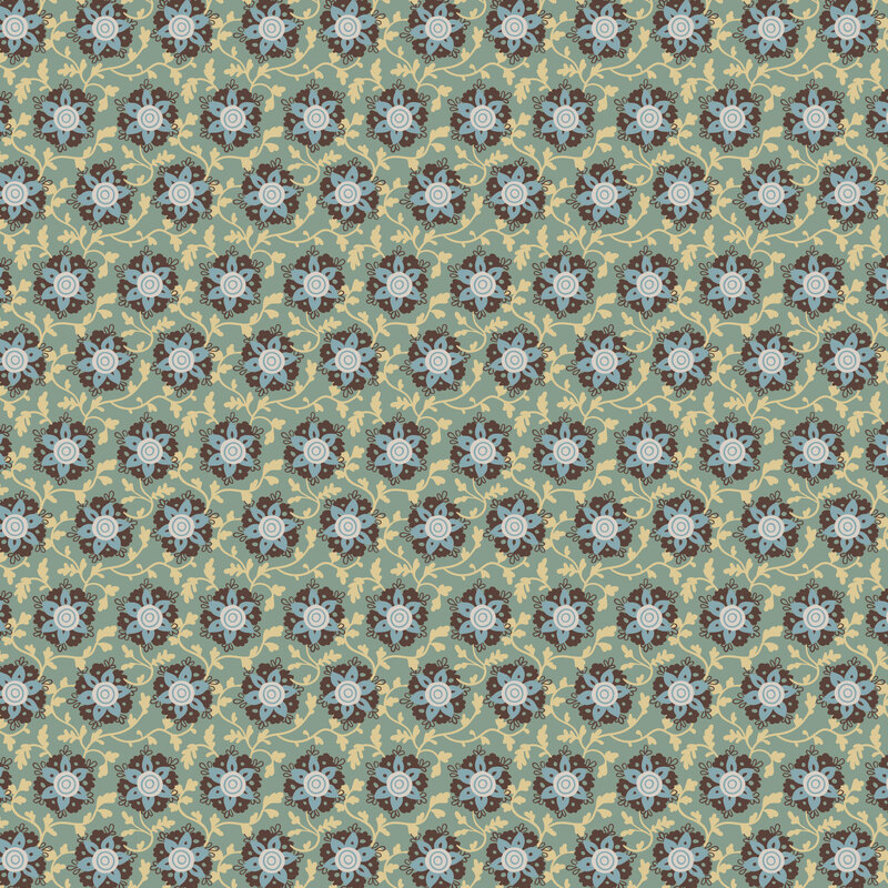 blue, brown and white floral blossoms interspaced with cream trailing vines on a muted aqua background.