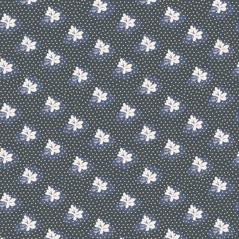 primitive leaf sprigs with cream dots on a dark gray blue background.