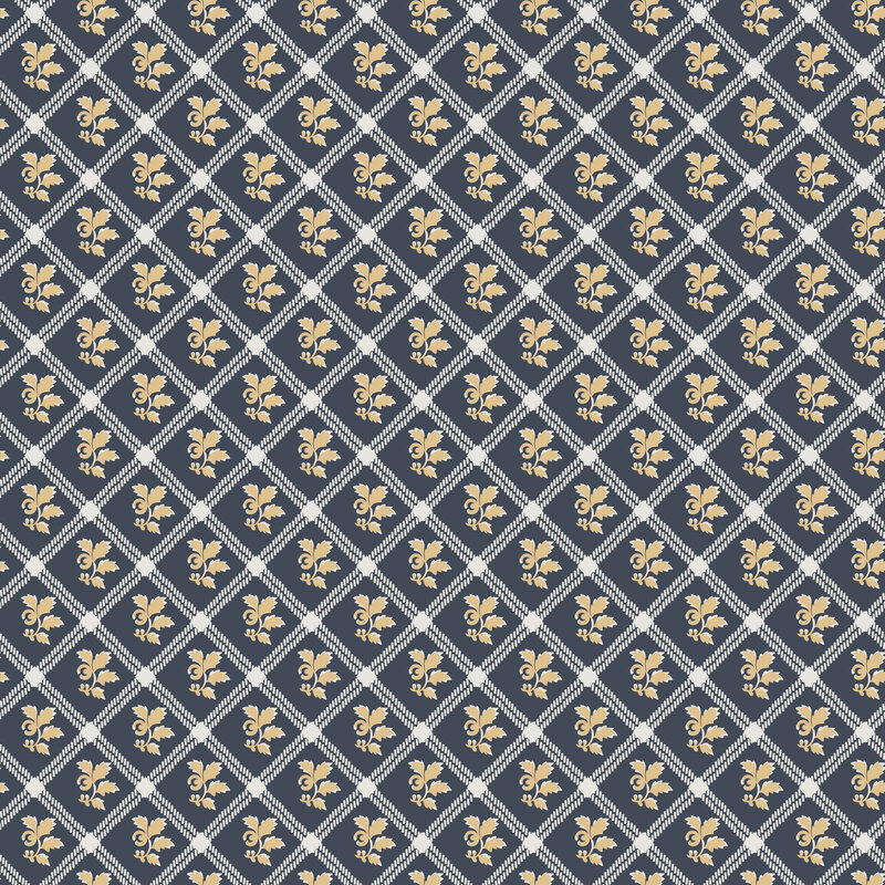 midnight blue fabric with tan floral sprigs nestled within a white diamond lattice pattern.
