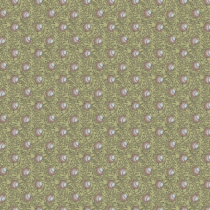 primitive floral motifs scattered across a warm sage background filled with delicate black dotted swirls.