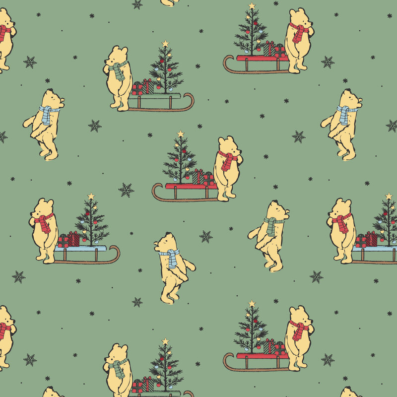 Warm sage fabric with Pooh Bear in different scenes with his sleds, presents, and Christmas trees, with scattered black snowflakes.