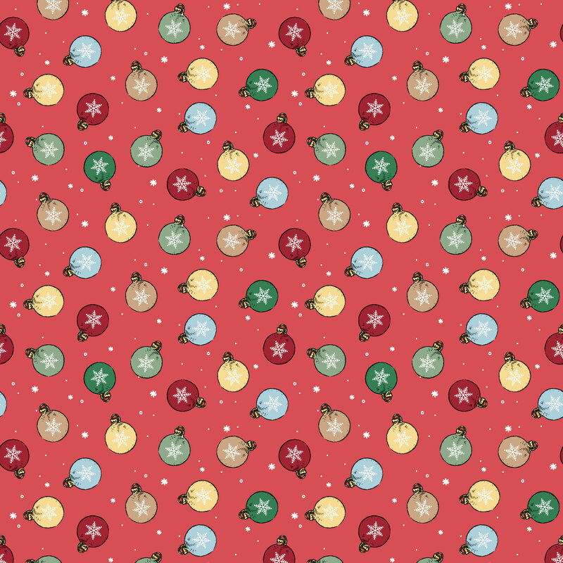 Christmas red fabric with a tossed design of ornaments decorated with white snowflakes, scattered with white dots and snowflakes.