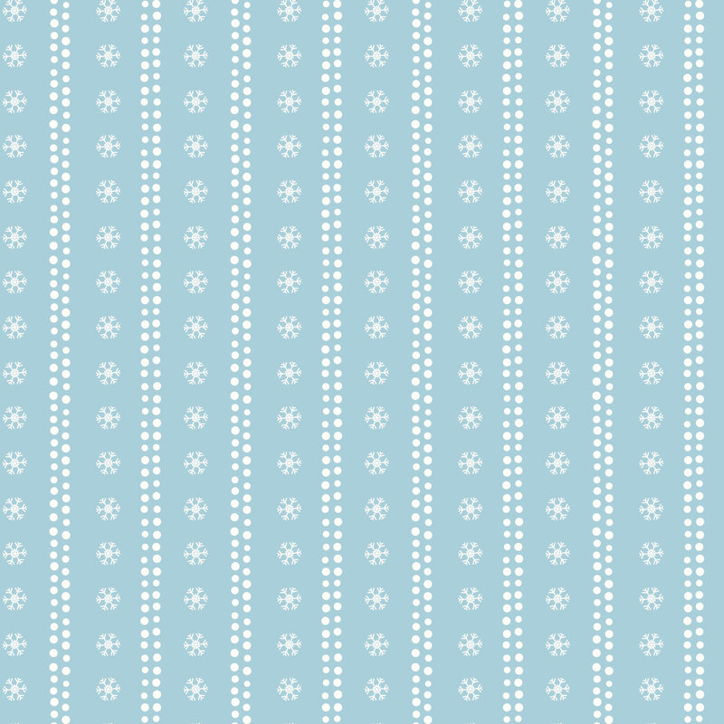 Light blue fabric with stripes of white dots and snowflakes.