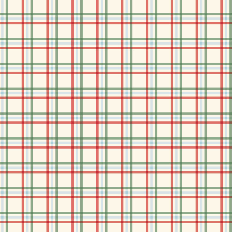 Cream fabric with a light blue, red, and green plaid design.