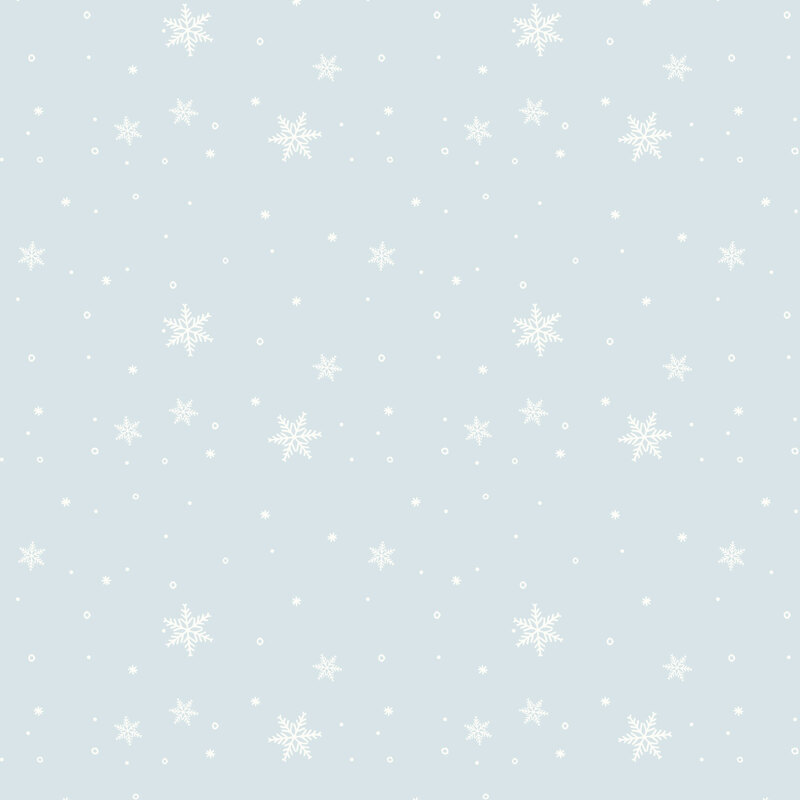 Powder blue fabric with a tossed design of white dots and snowflakes.