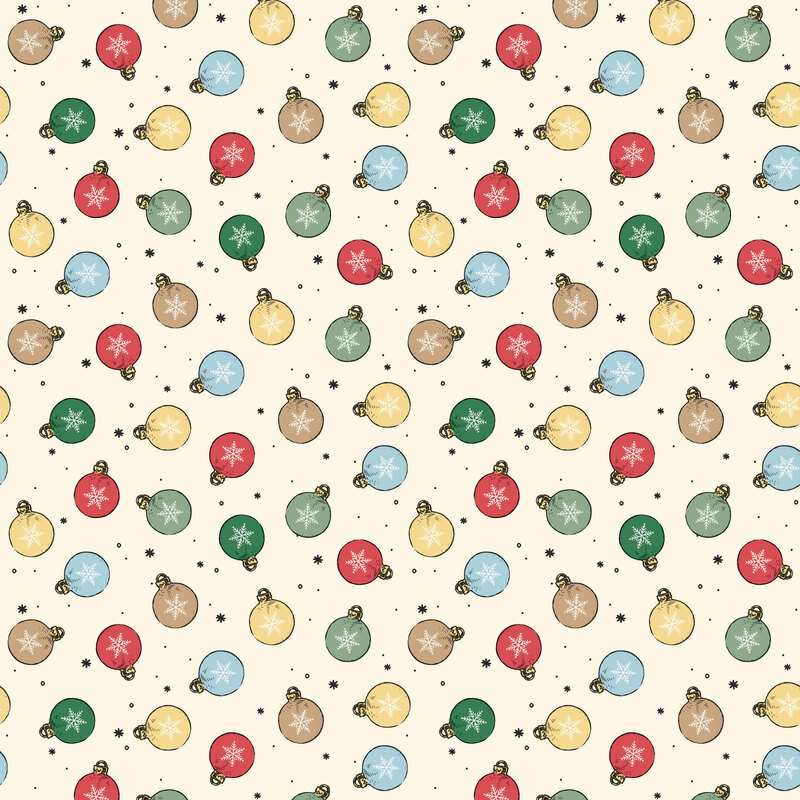 Cream fabric with a tossed design of ornaments decorated with white snowflakes, scattered with black dots and snowflakes.
