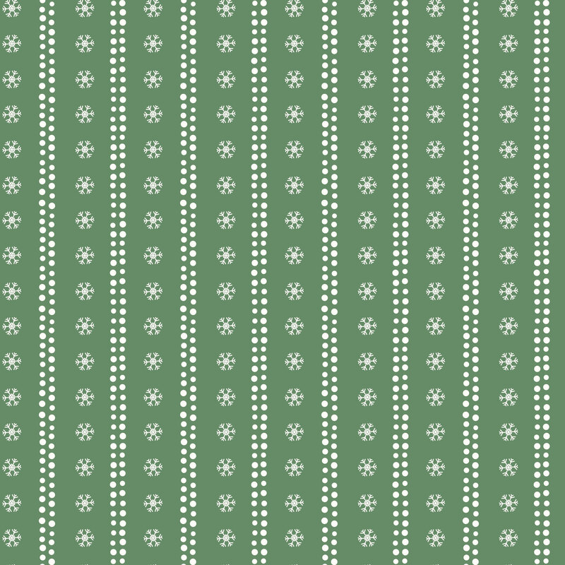 Forest green fabric with stripes of white dots and snowflakes.