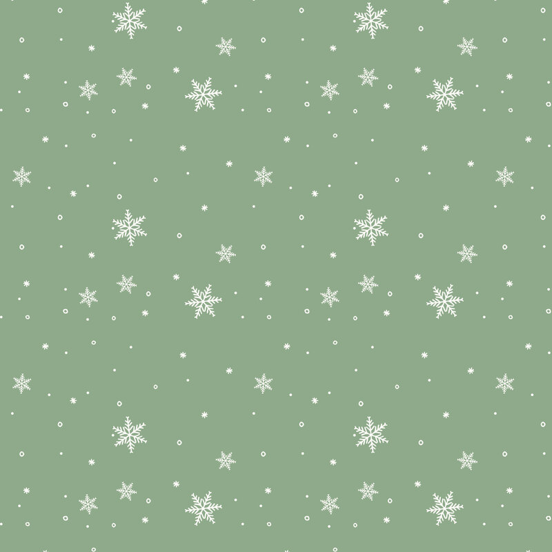 Moss green fabric with a tossed design of white dots and snowflakes.