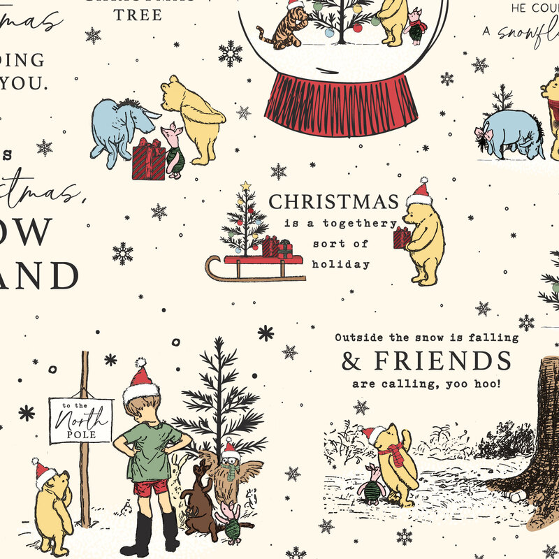 Cream fabric with a scattered scene of Winnie the Pooh and friends in different scenes with black snowflakes and dots.