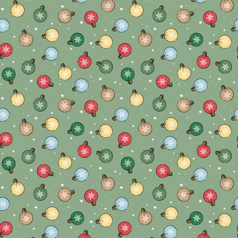 Warm sage fabric with a tossed design of ornaments decorated with white snowflakes, scattered with white dots and snowflakes.