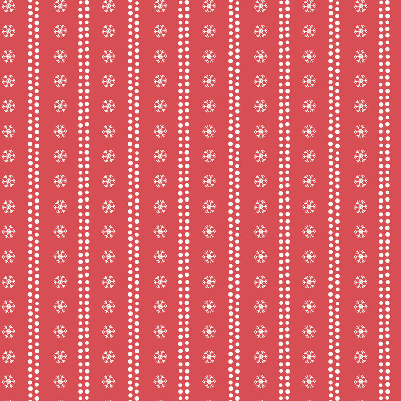 Christmas red fabric with stripes of white dots and snowflakes.